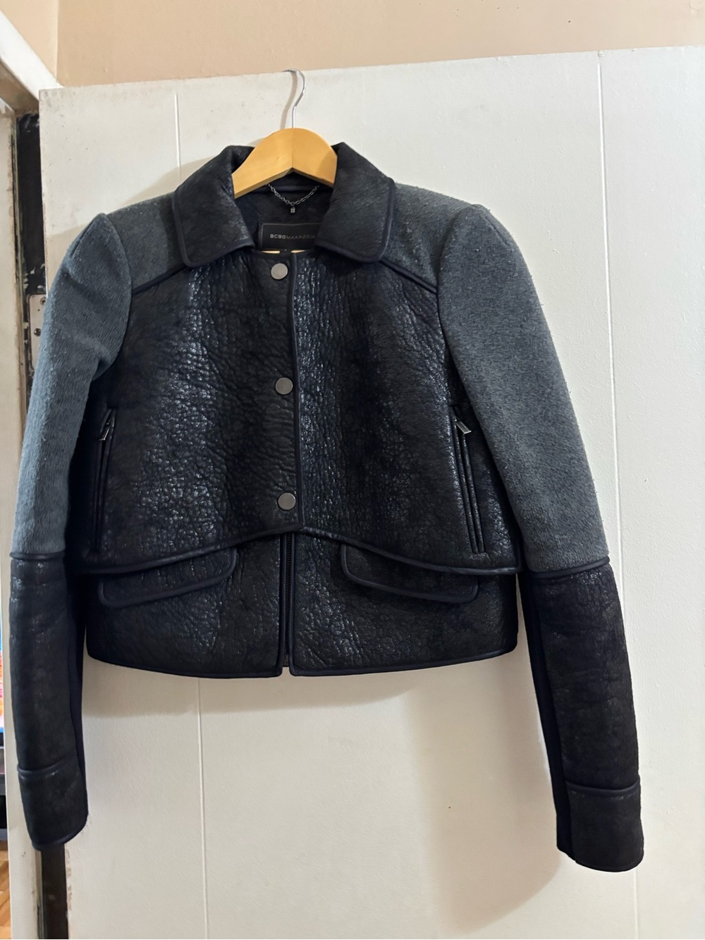 BCBGMaxAzria Black & Charcoal Shearling-Panel Bomber Jacket